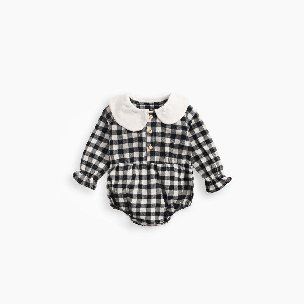 MyKids-USA® Baby Girl Plaid Pattern Doll Collar Design Long Sleeve bodysuit With Buttons