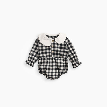 MyKids-USA® Baby Girl Plaid Pattern Doll Collar Design Long Sleeve bodysuit With Buttons