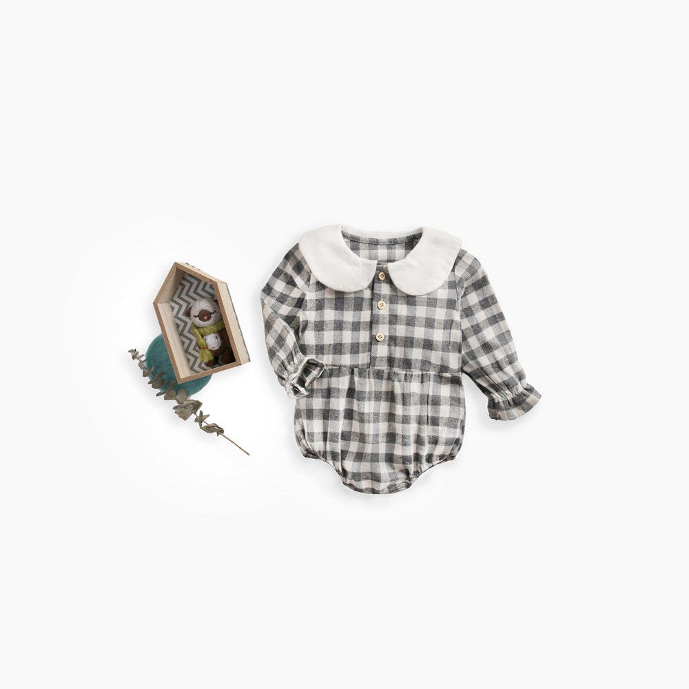 MyKids-USA® Baby Girl Plaid Pattern Doll Collar Design Long Sleeve bodysuit With Buttons