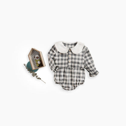 MyKids-USA® Baby Girl Plaid Pattern Doll Collar Design Long Sleeve bodysuit With Buttons