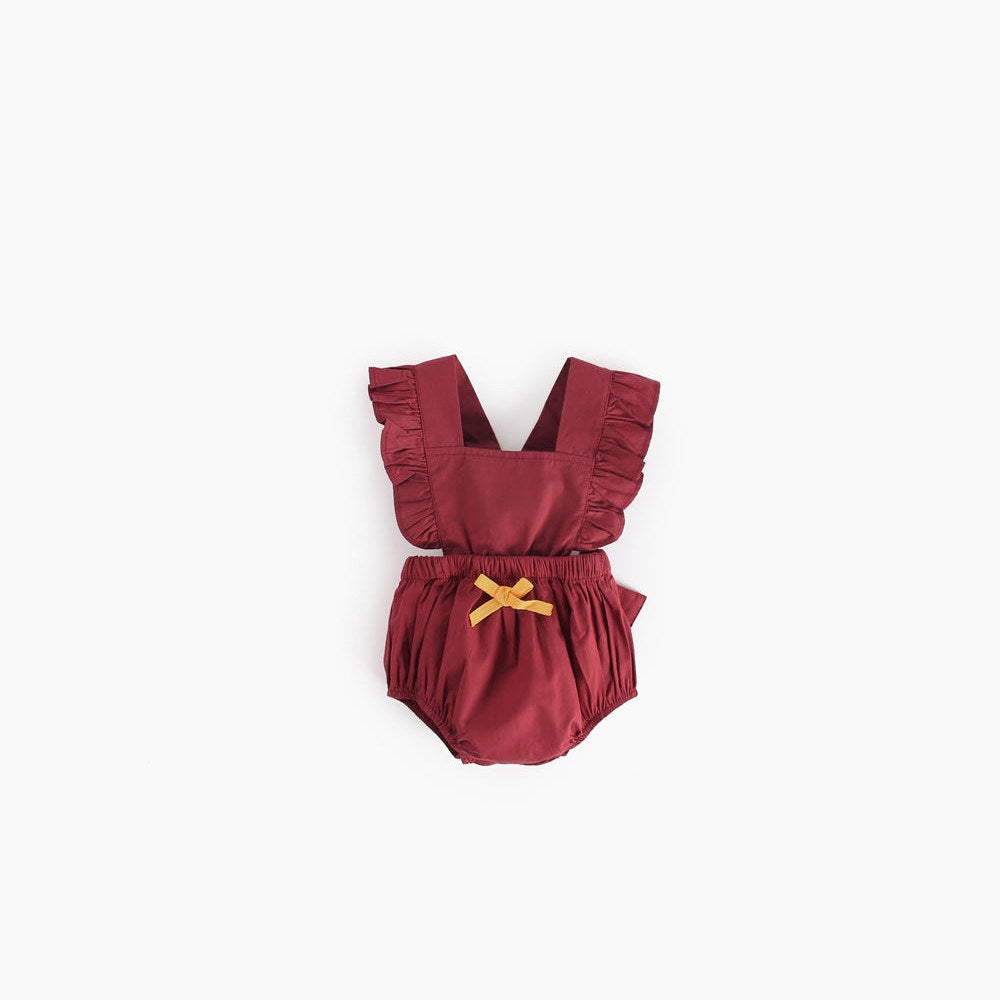MyKids-USA® Baby Girl Square Collar Lace Design Denim Fabric Sleeveless Backless bodysuit With Bow Decoration