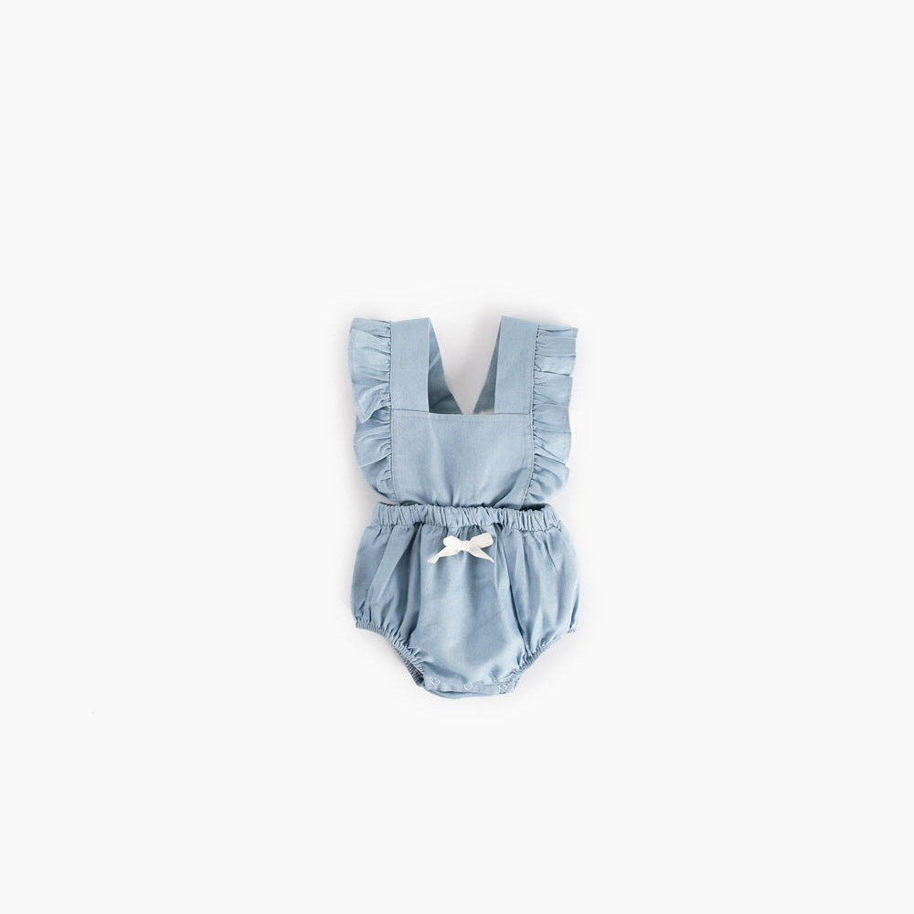 MyKids-USA® Baby Girl Square Collar Lace Design Denim Fabric Sleeveless Backless bodysuit With Bow Decoration