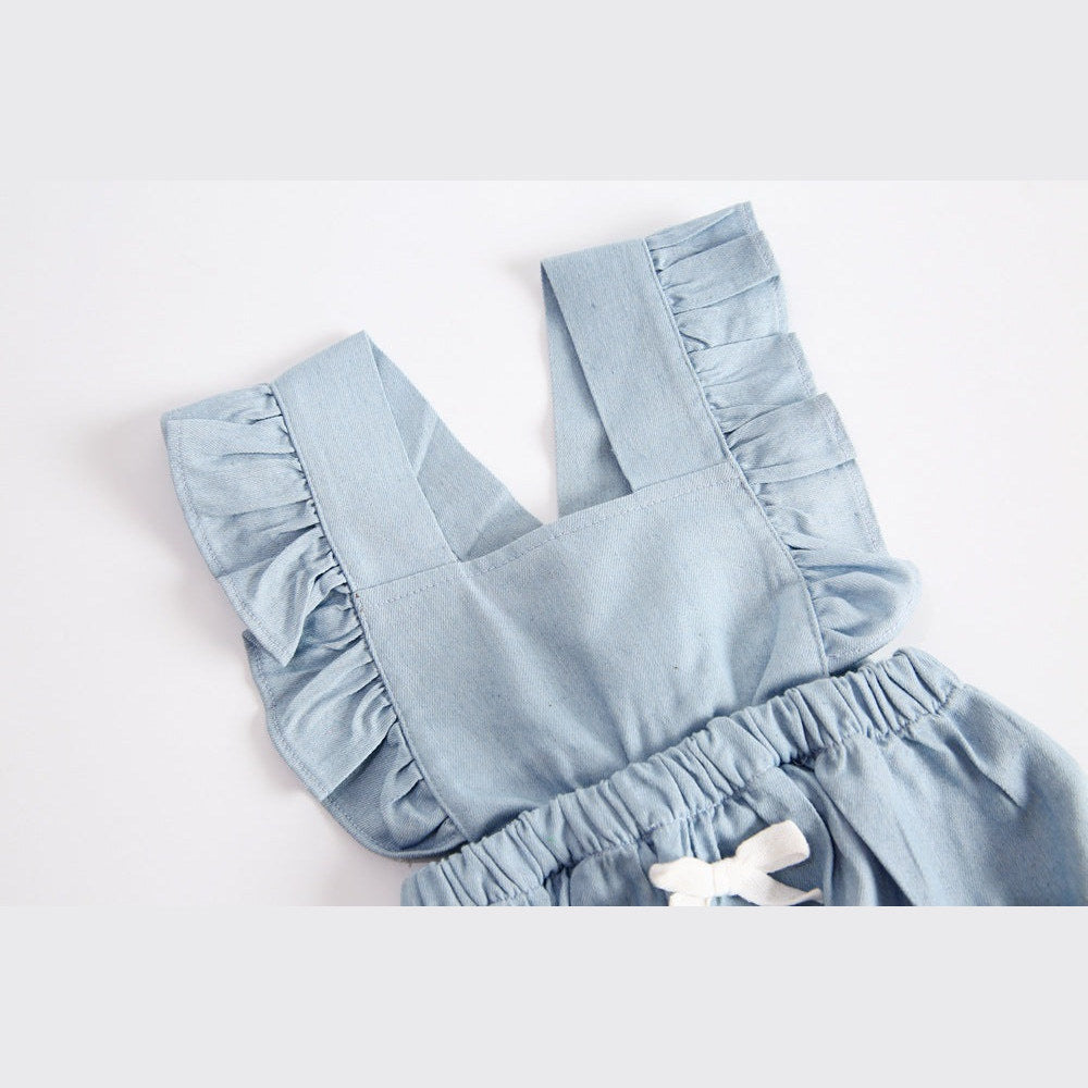 MyKids-USA® Baby Girl Square Collar Lace Design Denim Fabric Sleeveless Backless bodysuit With Bow Decoration