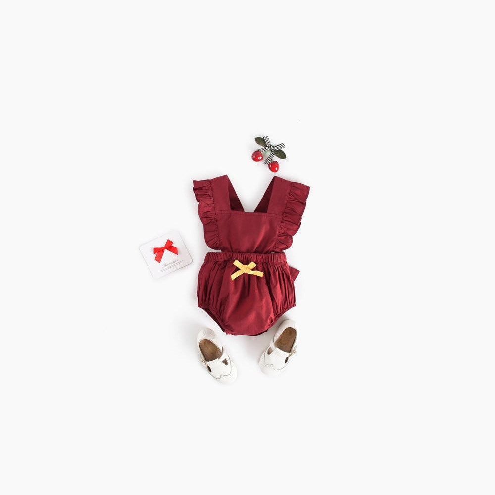 MyKids-USA® Baby Girl Square Collar Lace Design Denim Fabric Sleeveless Backless bodysuit With Bow Decoration