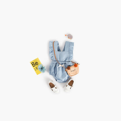 MyKids-USA® Baby Girl Square Collar Lace Design Denim Fabric Sleeveless Backless bodysuit With Bow Decoration
