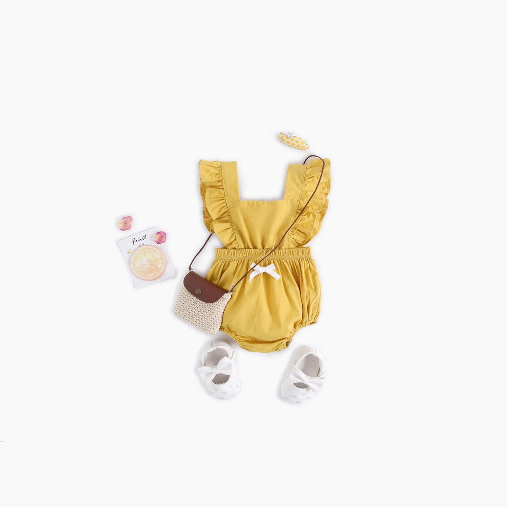 MyKids-USA® Baby Girl Square Collar Lace Design Denim Fabric Sleeveless Backless bodysuit With Bow Decoration