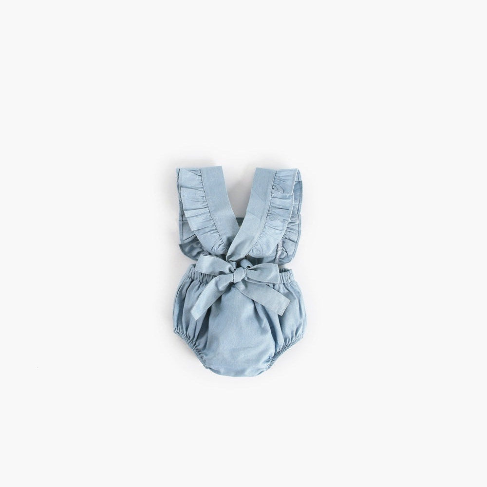 MyKids-USA® Baby Girl Square Collar Lace Design Denim Fabric Sleeveless Backless bodysuit With Bow Decoration