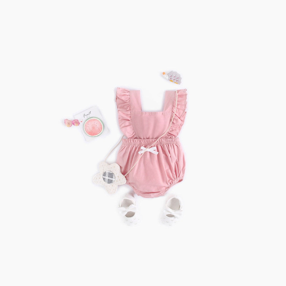 MyKids-USA® Baby Girl Square Collar Lace Design Denim Fabric Sleeveless Backless bodysuit With Bow Decoration