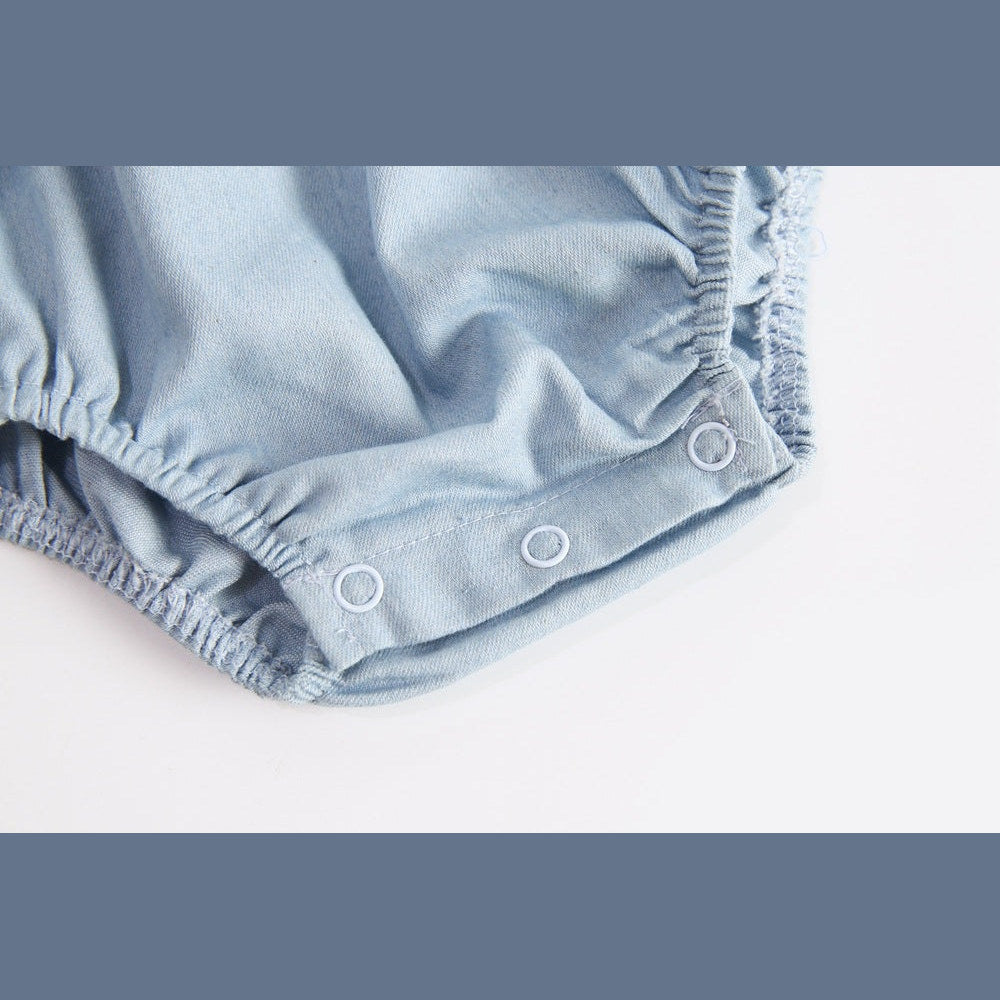 MyKids-USA® Baby Girl Square Collar Lace Design Denim Fabric Sleeveless Backless bodysuit With Bow Decoration