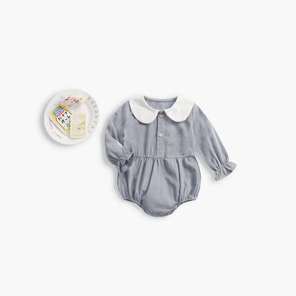 MyKids-USA® Baby Girl Doll Collar Design Solid Color Long Sleeve bodysuit With Buttons