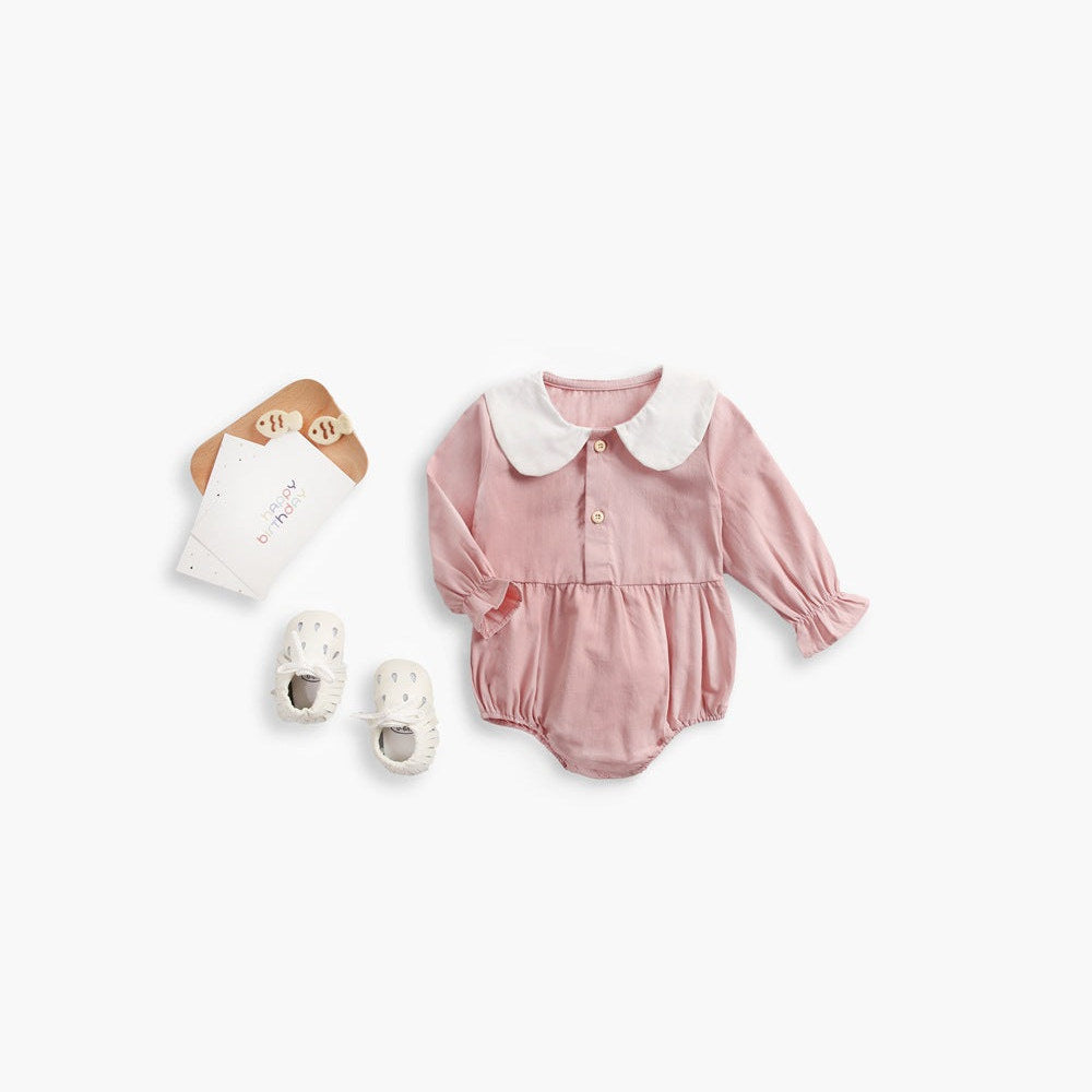 MyKids-USA® Baby Girl Doll Collar Design Solid Color Long Sleeve bodysuit With Buttons