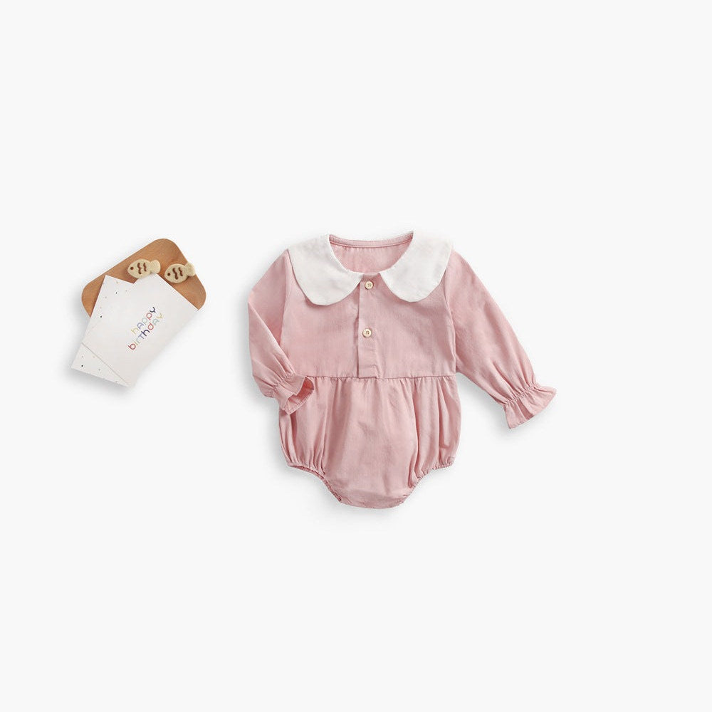 MyKids-USA® Baby Girl Doll Collar Design Solid Color Long Sleeve bodysuit With Buttons