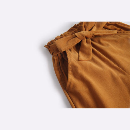 MyKids-USA® Baby Girl Solid Color Bow Tie Design Corduroy Nine Point Wide Leg Pants