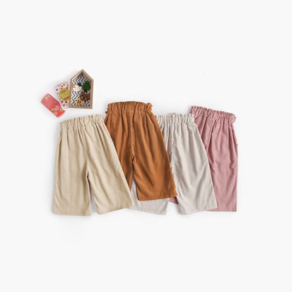MyKids-USA® Baby Girl Solid Color Bow Tie Design Corduroy Nine Point Wide Leg Pants