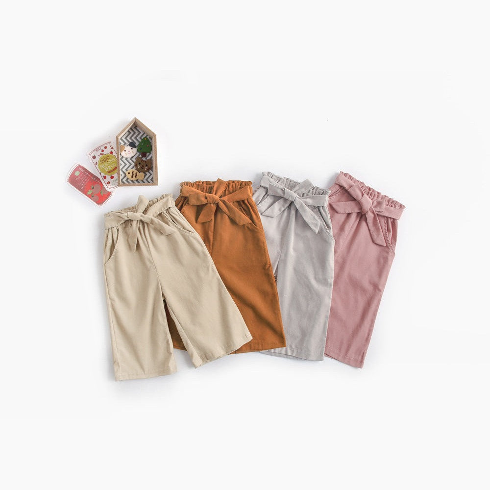 MyKids-USA® Baby Girl Solid Color Bow Tie Design Corduroy Nine Point Wide Leg Pants