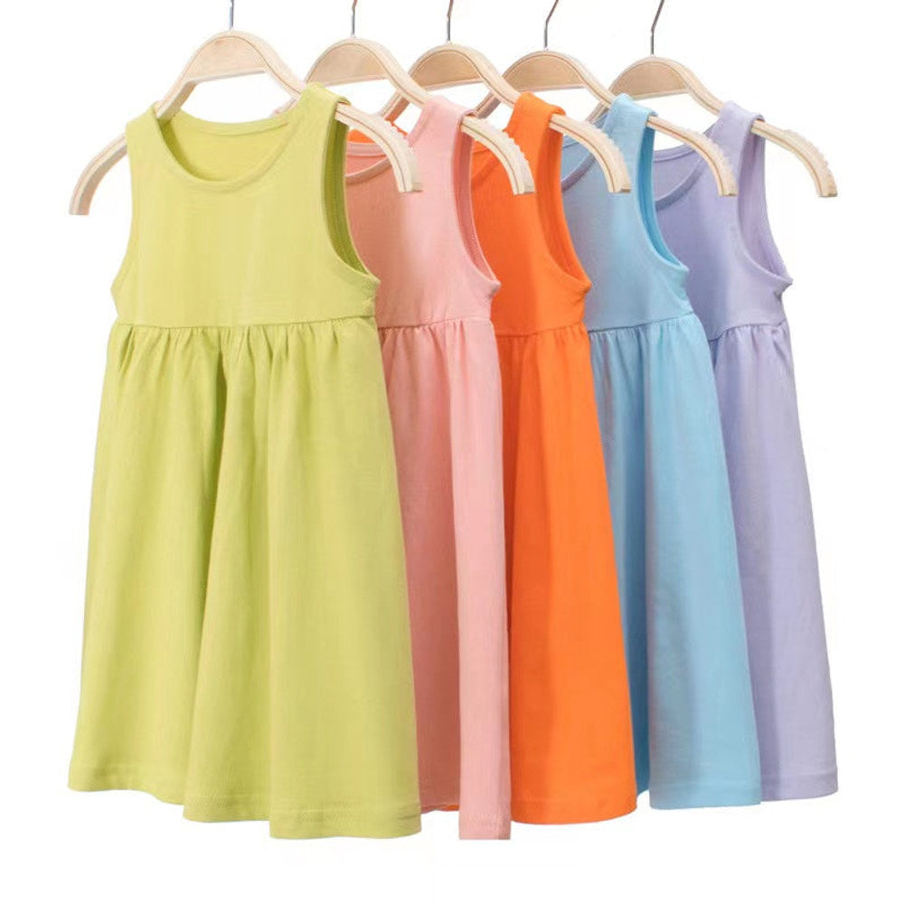 MyKids-USA® Baby Girls Solid Round Collar Design Sleeveless Dress In