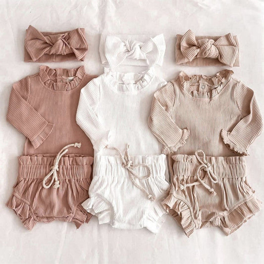 MyKids-USA® Baby Girl Wood Ear Design Solid Color Long-Sleeved Round Collar Tops Combo Shorts Cotton Sets