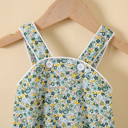 MyKids-USA® Baby Girl Floral Print Pattern Solid Color Sleeveless bodysuit In Outfit Wearing