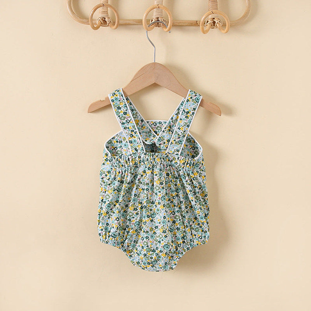 MyKids-USA® Baby Girl Floral Print Pattern Solid Color Sleeveless bodysuit In Outfit Wearing