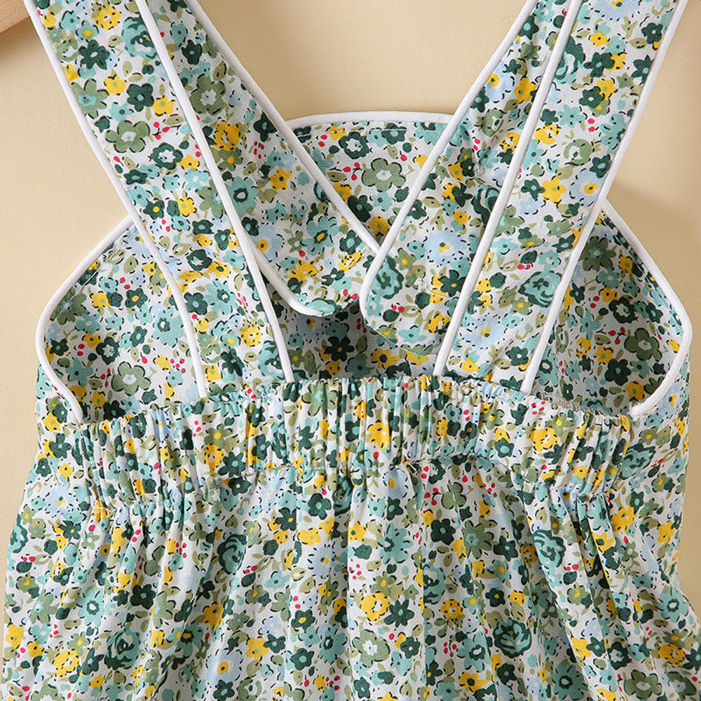 MyKids-USA® Baby Girl Floral Print Pattern Solid Color Sleeveless bodysuit In Outfit Wearing
