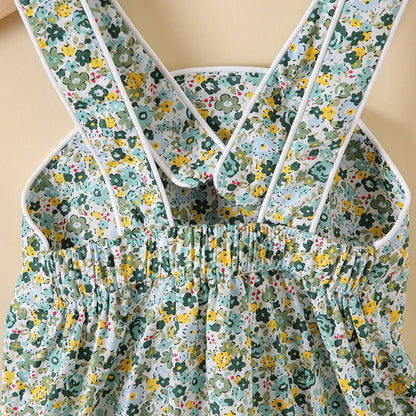 MyKids-USA® Baby Girl Floral Print Pattern Solid Color Sleeveless bodysuit In Outfit Wearing