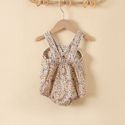 MyKids-USA® Baby Girl Floral Print Pattern Solid Color Sleeveless bodysuit In Outfit Wearing