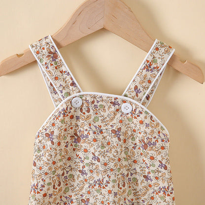 MyKids-USA® Baby Girl Floral Print Pattern Solid Color Sleeveless bodysuit In Outfit Wearing