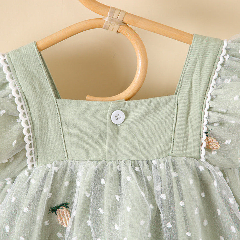 MyKids-USA® Baby Girls Pineapple Embroidery Polka Dot Lace Patchwork Square Collar Sleeveless Dress In