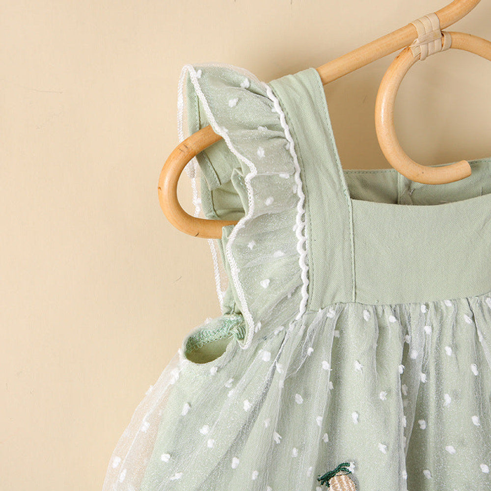 MyKids-USA® Baby Girls Pineapple Embroidery Polka Dot Lace Patchwork Square Collar Sleeveless Dress In