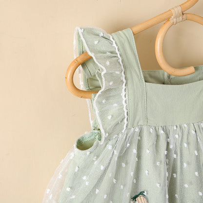 MyKids-USA® Baby Girls Pineapple Embroidery Polka Dot Lace Patchwork Square Collar Sleeveless Dress In