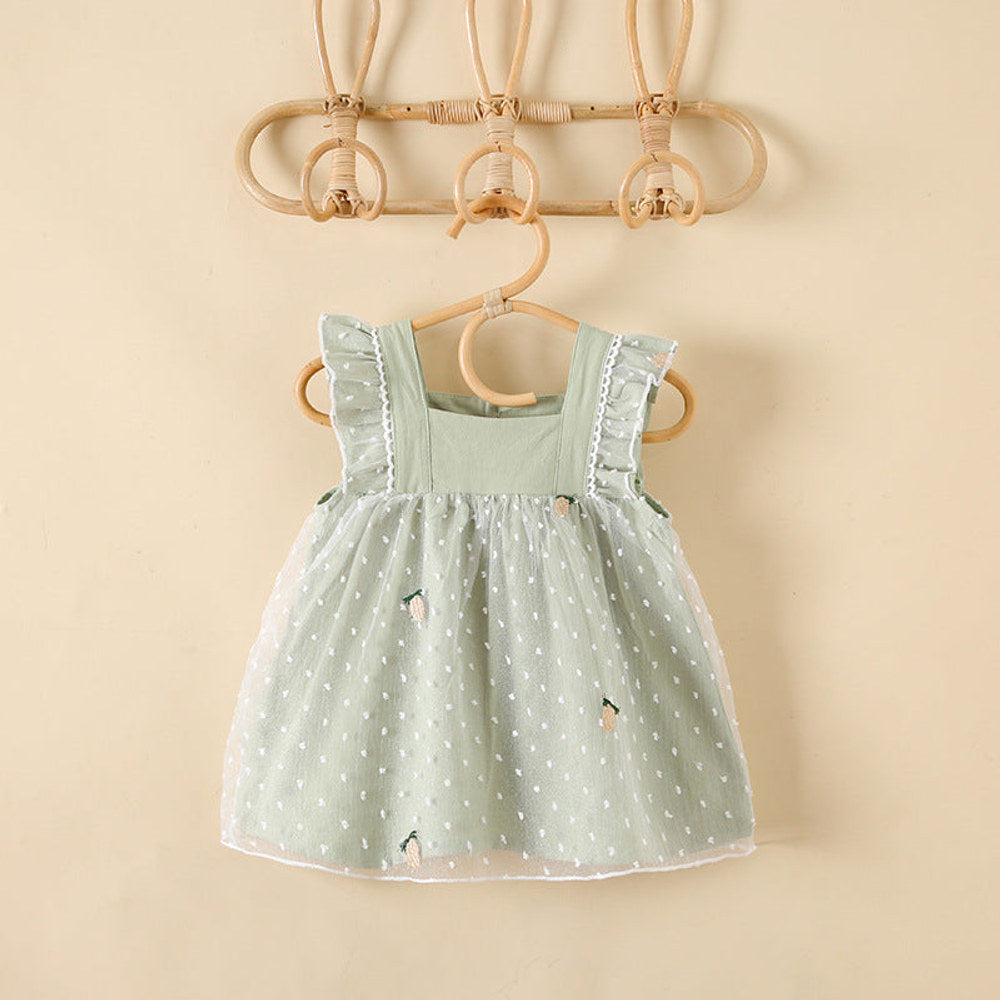 MyKids-USA® Baby Girls Pineapple Embroidery Polka Dot Lace Patchwork Square Collar Sleeveless Dress In