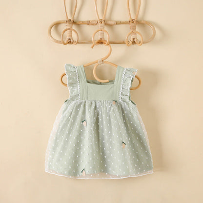 MyKids-USA® Baby Girls Pineapple Embroidery Polka Dot Lace Patchwork Square Collar Sleeveless Dress In