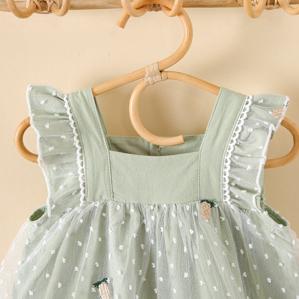 MyKids-USA® Baby Girls Pineapple Embroidery Polka Dot Lace Patchwork Square Collar Sleeveless Dress In