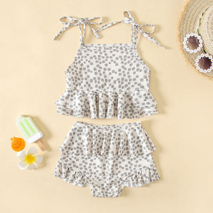 MyKids-USA® Baby Girl Floral Print Pattern Belt Design Sling Tops Combo Shorts Swimsuit Sets In