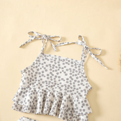 MyKids-USA® Baby Girl Floral Print Pattern Belt Design Sling Tops Combo Shorts Swimsuit Sets In