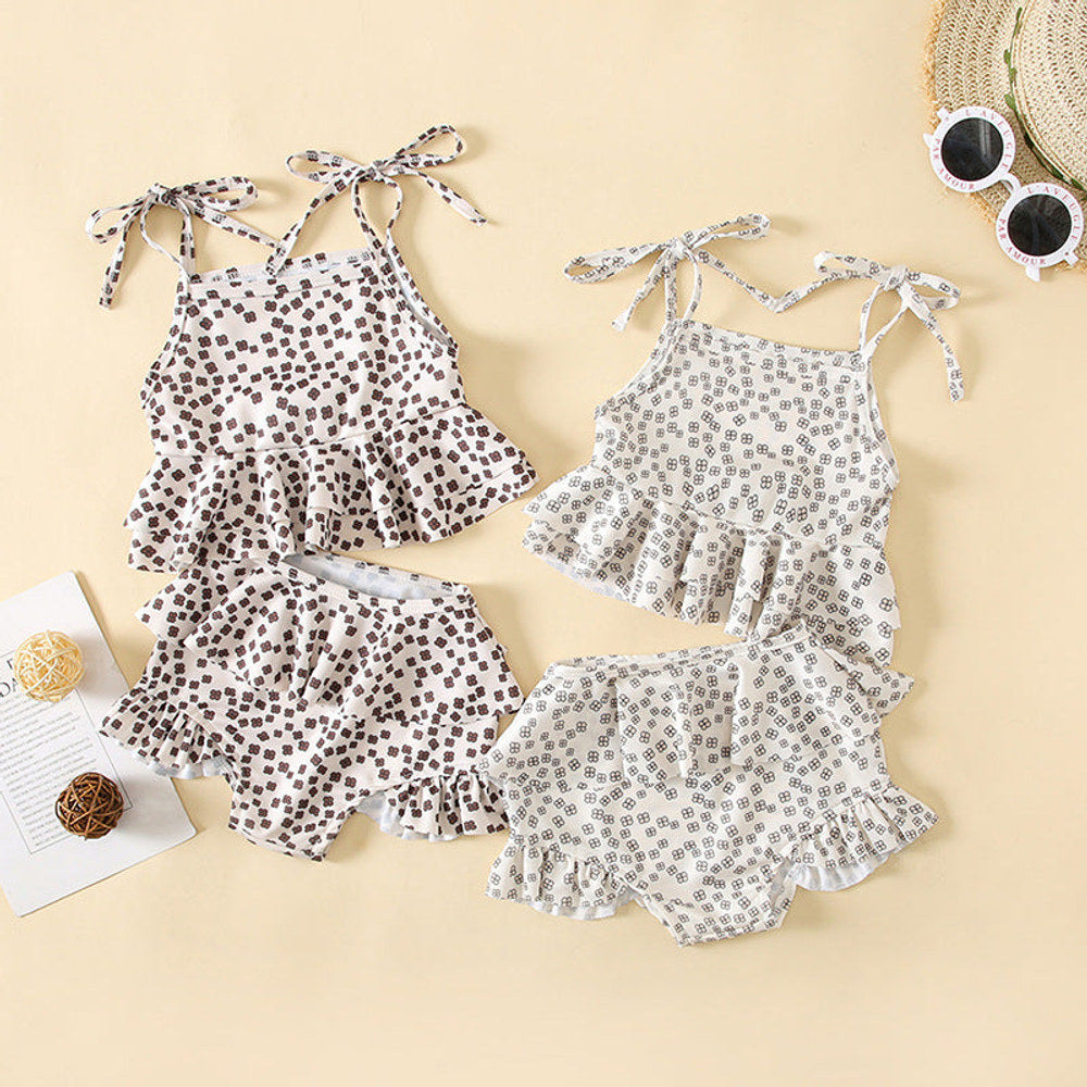 MyKids-USA® Baby Girl Floral Print Pattern Belt Design Sling Tops Combo Shorts Swimsuit Sets In