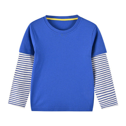MyKids-USA® Boys And Girls Striped Sleeve Patchwork O-Neck Fake Hoodie In