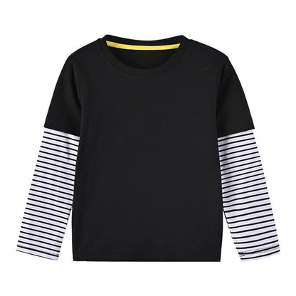 MyKids-USA® Boys And Girls Striped Sleeve Patchwork O-Neck Fake Hoodie In