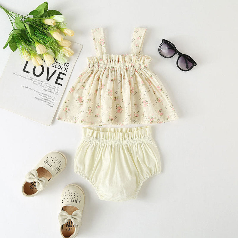 MyKids-USA® Baby Girl Floral Print Pattern Sleeveless Tops Combo Shorts Sets In Summer
