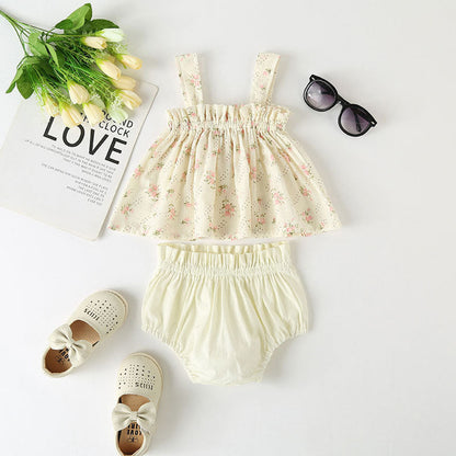 MyKids-USA® Baby Girl Floral Print Pattern Sleeveless Tops Combo Shorts Sets In Summer