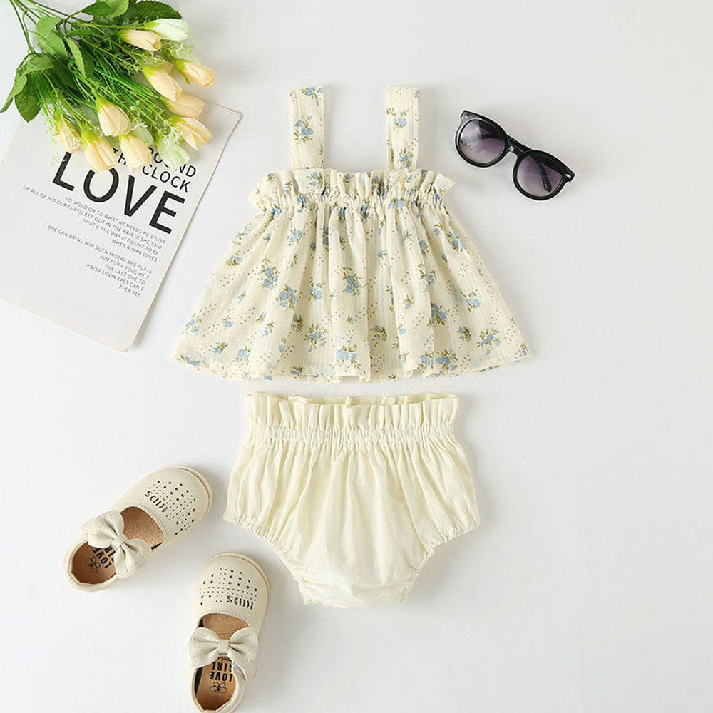 MyKids-USA® Baby Girl Floral Print Pattern Sleeveless Tops Combo Shorts Sets In Summer