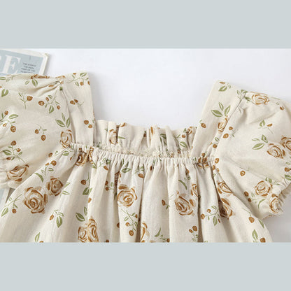 MyKids-USA® Baby Girl Floral Print Pattern Puff Sleeved Design bodysuit With Bow Decoration