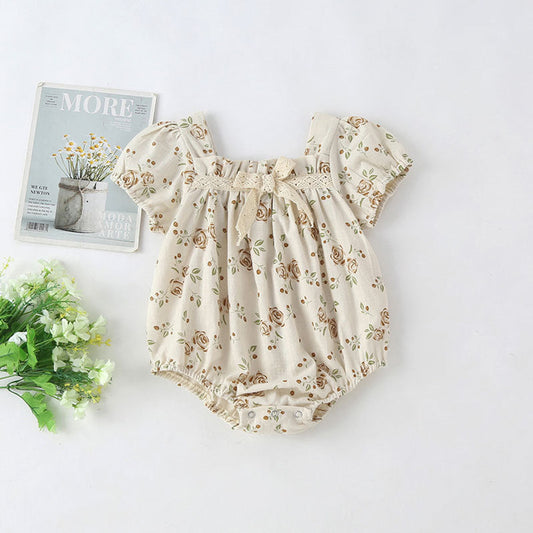 MyKids-USA® Baby Girl Floral Print Pattern Puff Sleeved Design bodysuit With Bow Decoration In