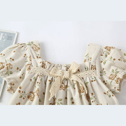 MyKids-USA® Baby Girl Floral Print Pattern Puff Sleeved Design bodysuit With Bow Decoration