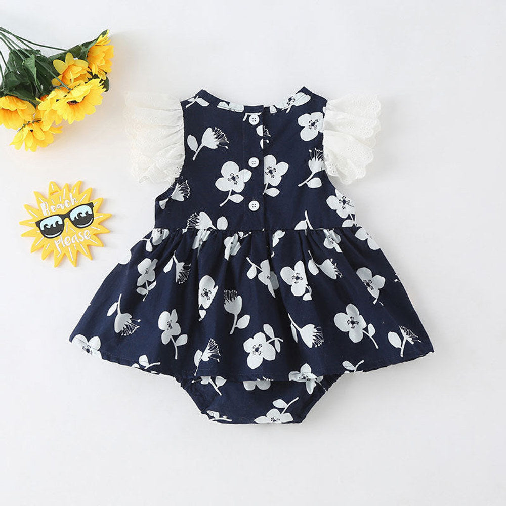 MyKids-USA® Baby Girls Floral Print Single Breasted Design O-Neck Sleeveless bodysuit Dress In