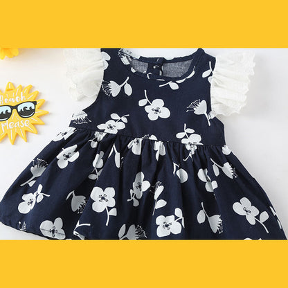 MyKids-USA® Baby Girls Floral Print Single Breasted Design O-Neck Sleeveless bodysuit Dress In