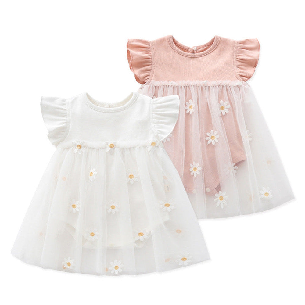 MyKids-USA® Baby Girls Floral Lace Patchwork Design Ruffle Sleeveless Dress bodysuit In