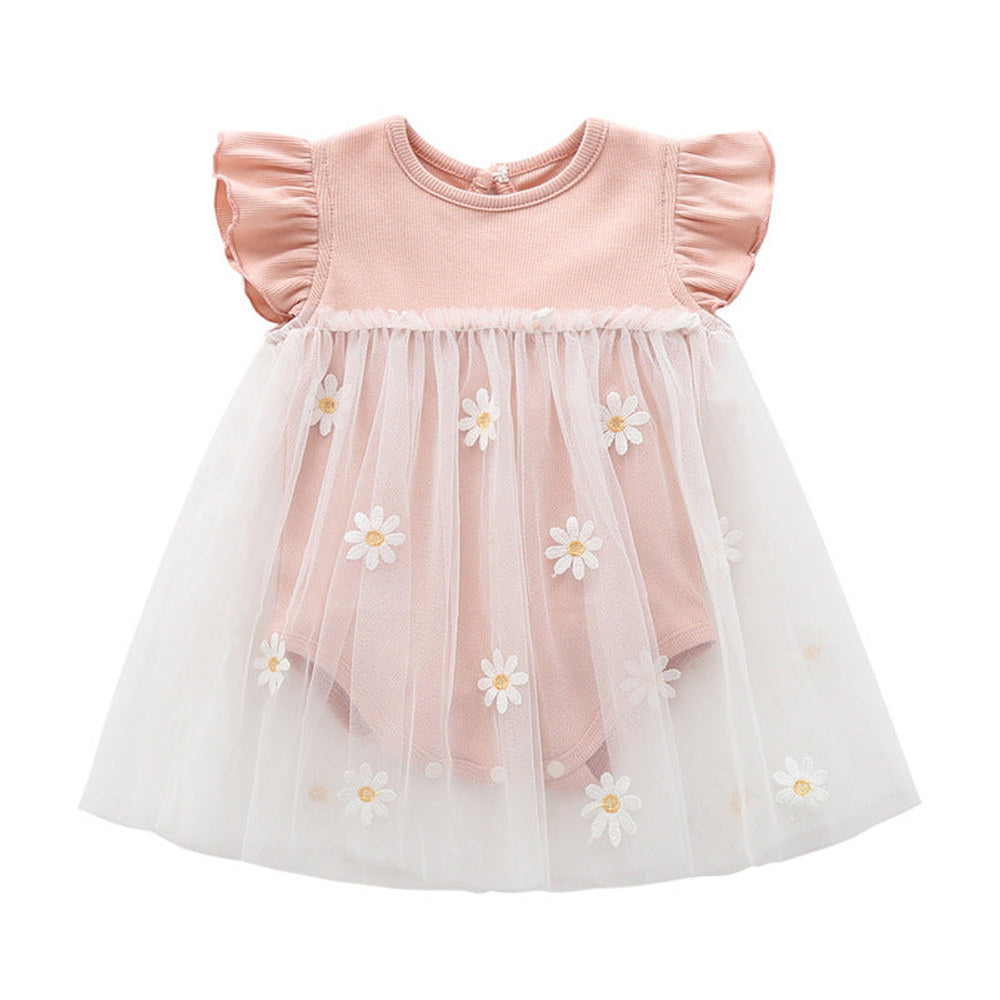 MyKids-USA® Baby Girls Floral Lace Patchwork Design Ruffle Sleeveless Dress bodysuit In