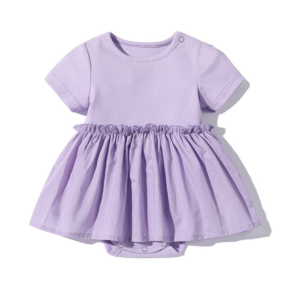 MyKids-USA® Baby Girls Solid Color Wooden Ear Design Short-Sleeved Dress bodysuit In