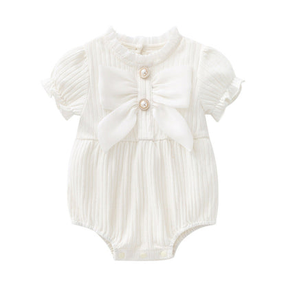 MyKids-USA® Baby Girls Solid Color Lace Design Puff-Sleeved Fashion bodysuit With Bow Decoration